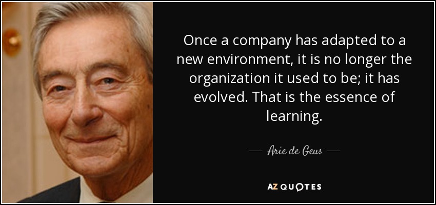 Once a company has adapted to a new environment, it is no longer the organization it used to be; it has evolved. That is the essence of learning. - Arie de Geus