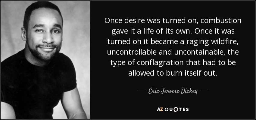 Once desire was turned on, combustion gave it a life of its own. Once it was turned on it became a raging wildfire, uncontrollable and uncontainable, the type of conflagration that had to be allowed to burn itself out. - Eric Jerome Dickey