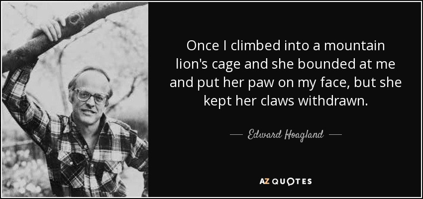 Once I climbed into a mountain lion's cage and she bounded at me and put her paw on my face, but she kept her claws withdrawn. - Edward Hoagland