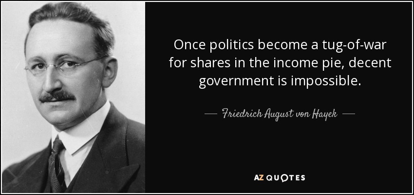 Once politics become a tug-of-war for shares in the income pie, decent government is impossible. - Friedrich August von Hayek
