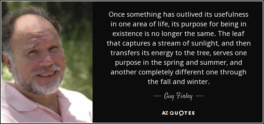 Once something has outlived its usefulness in one area of life, its purpose for being in existence is no longer the same. The leaf that captures a stream of sunlight, and then transfers its energy to the tree, serves one purpose in the spring and summer, and another completely different one through the fall and winter. - Guy Finley