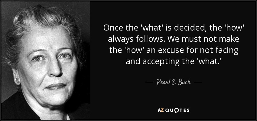 Once the 'what' is decided, the 'how' always follows. We must not make the 'how' an excuse for not facing and accepting the 'what.' - Pearl S. Buck