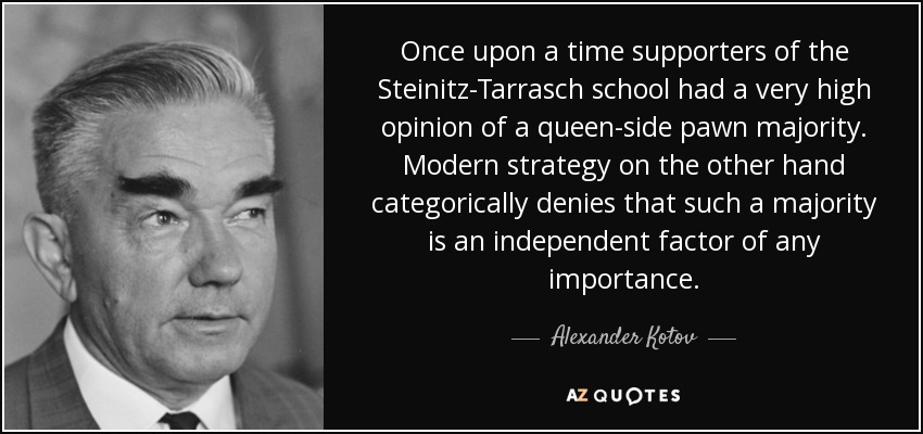 Once upon a time supporters of the Steinitz-Tarrasch school had a very high opinion of a queen-side pawn majority. Modern strategy on the other hand categorically denies that such a majority is an independent factor of any importance. - Alexander Kotov