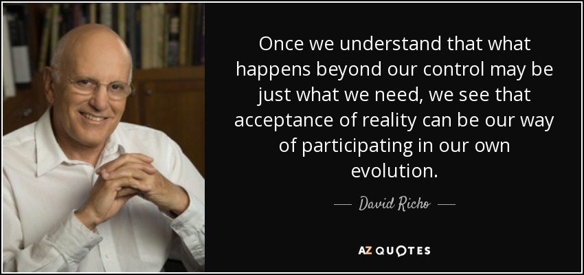 Once we understand that what happens beyond our control may be just what we need, we see that acceptance of reality can be our way of participating in our own evolution. - David Richo