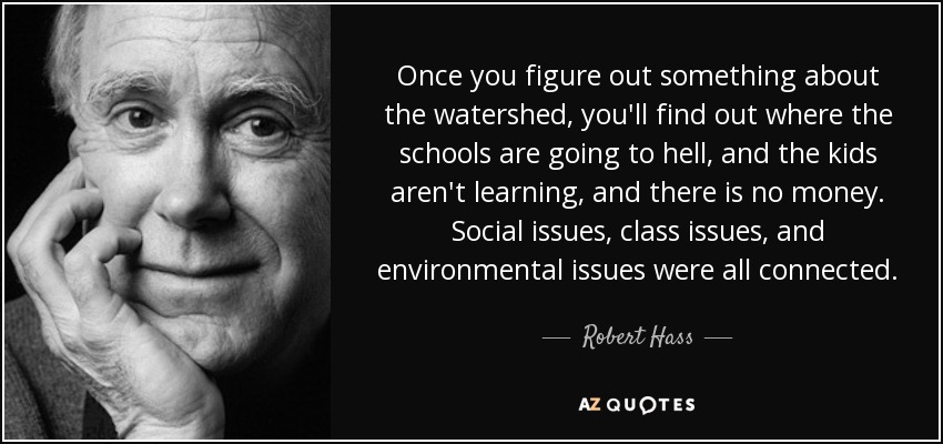 Once you figure out something about the watershed, you'll find out where the schools are going to hell, and the kids aren't learning, and there is no money. Social issues, class issues, and environmental issues were all connected. - Robert Hass