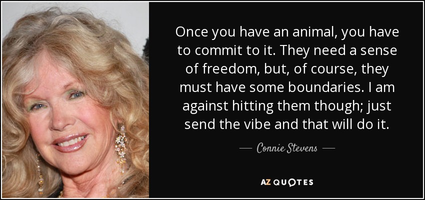 Once you have an animal, you have to commit to it. They need a sense of freedom, but, of course, they must have some boundaries. I am against hitting them though; just send the vibe and that will do it. - Connie Stevens
