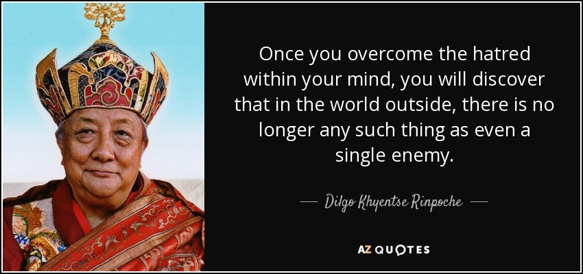 Once you overcome the hatred within your mind, you will discover that in the world outside, there is no longer any such thing as even a single enemy. - Dilgo Khyentse Rinpoche