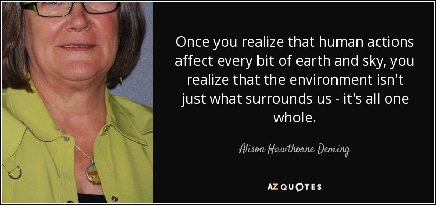 Once you realize that human actions affect every bit of earth and sky, you realize that the environment isn't just what surrounds us - it's all one whole. - Alison Hawthorne Deming