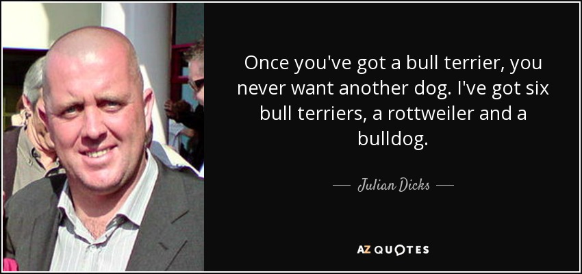 Once you've got a bull terrier, you never want another dog. I've got six bull terriers, a rottweiler and a bulldog. - Julian Dicks