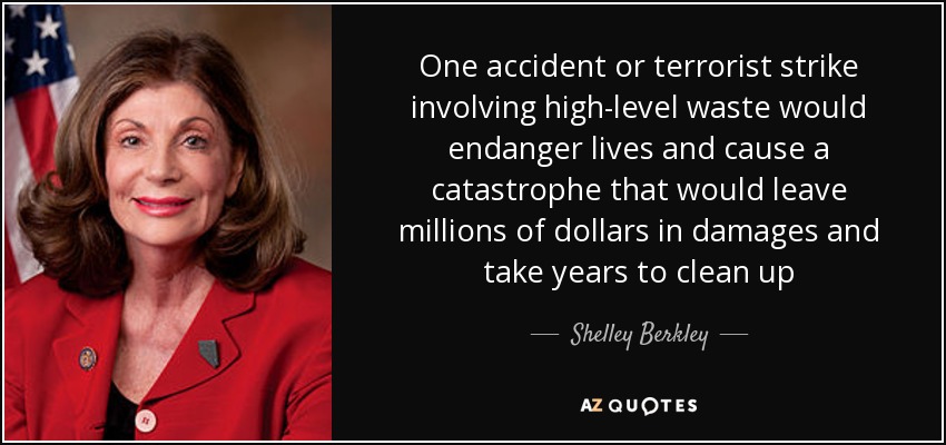 One accident or terrorist strike involving high-level waste would endanger lives and cause a catastrophe that would leave millions of dollars in damages and take years to clean up - Shelley Berkley