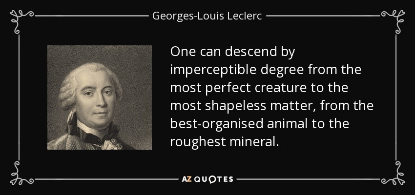 One can descend by imperceptible degree from the most perfect creature to the most shapeless matter, from the best-organised animal to the roughest mineral. - Georges-Louis Leclerc, Comte de Buffon