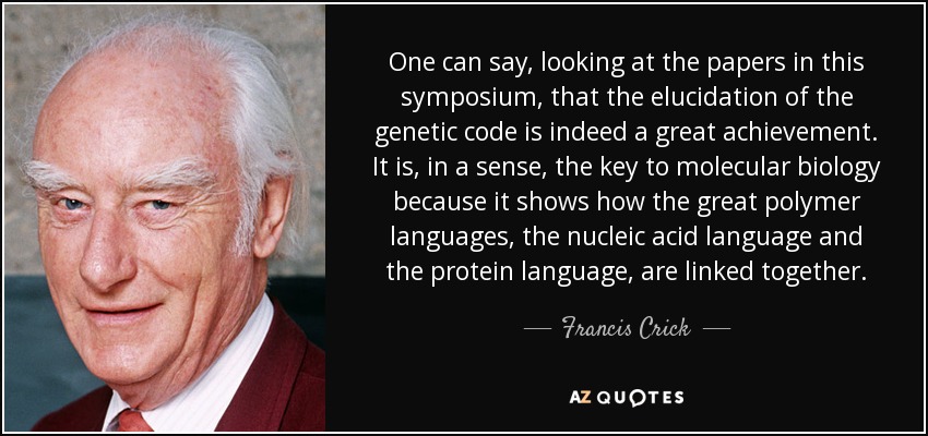 One can say, looking at the papers in this symposium, that the elucidation of the genetic code is indeed a great achievement. It is, in a sense, the key to molecular biology because it shows how the great polymer languages, the nucleic acid language and the protein language, are linked together. - Francis Crick