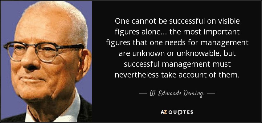 One cannot be successful on visible figures alone ... the most important figures that one needs for management are unknown or unknowable, but successful management must nevertheless take account of them. - W. Edwards Deming