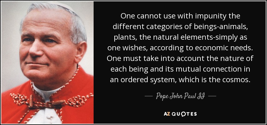 One cannot use with impunity the different categories of beings-animals, plants, the natural elements-simply as one wishes, according to economic needs. One must take into account the nature of each being and its mutual connection in an ordered system, which is the cosmos. - Pope John Paul II