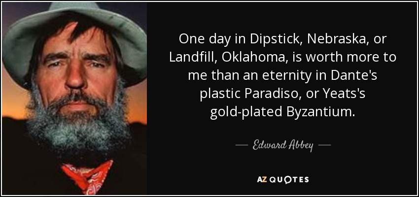 One day in Dipstick, Nebraska, or Landfill, Oklahoma, is worth more to me than an eternity in Dante's plastic Paradiso, or Yeats's gold-plated Byzantium. - Edward Abbey