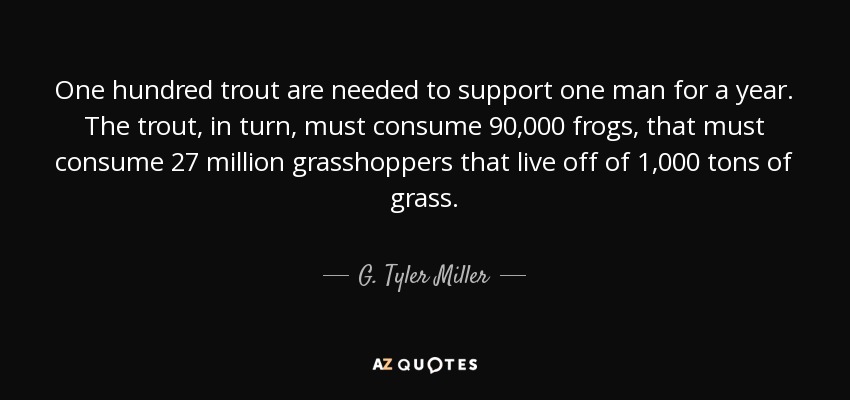 One hundred trout are needed to support one man for a year. The trout, in turn, must consume 90,000 frogs, that must consume 27 million grasshoppers that live off of 1,000 tons of grass. - G. Tyler Miller