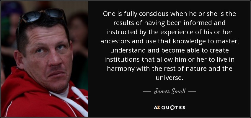 One is fully conscious when he or she is the results of having been informed and instructed by the experience of his or her ancestors and use that knowledge to master, understand and become able to create institutions that allow him or her to live in harmony with the rest of nature and the universe. - James Small