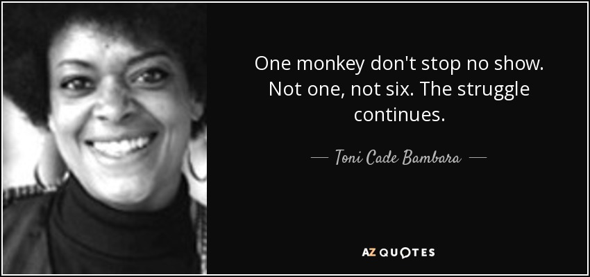 One monkey don't stop no show. Not one, not six. The struggle continues. - Toni Cade Bambara