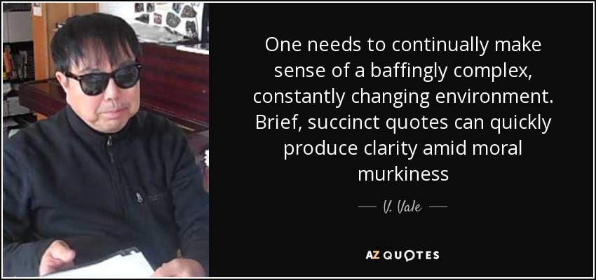 One needs to continually make sense of a baffingly complex, constantly changing environment. Brief, succinct quotes can quickly produce clarity amid moral murkiness - V. Vale