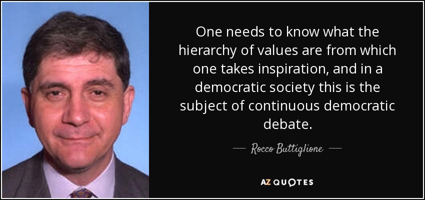 One needs to know what the hierarchy of values are from which one takes inspiration, and in a democratic society this is the subject of continuous democratic debate. - Rocco Buttiglione