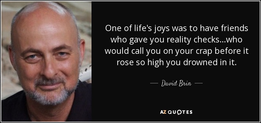 One of life's joys was to have friends who gave you reality checks...who would call you on your crap before it rose so high you drowned in it. - David Brin