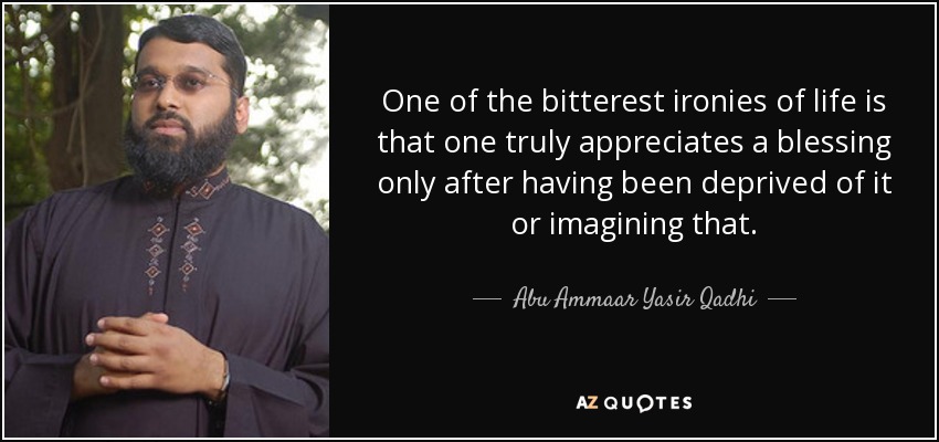 One of the bitterest ironies of life is that one truly appreciates a blessing only after having been deprived of it or imagining that. - Abu Ammaar Yasir Qadhi