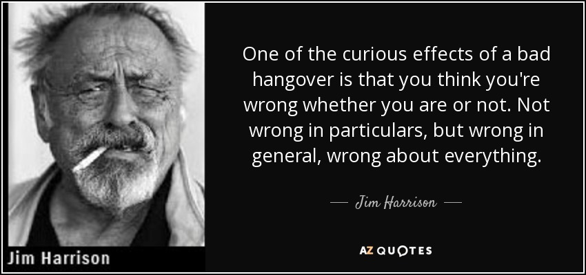 One of the curious effects of a bad hangover is that you think you're wrong whether you are or not. Not wrong in particulars, but wrong in general, wrong about everything. - Jim Harrison