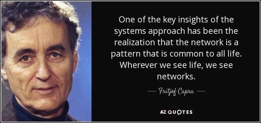 One of the key insights of the systems approach has been the realization that the network is a pattern that is common to all life. Wherever we see life, we see networks. - Fritjof Capra