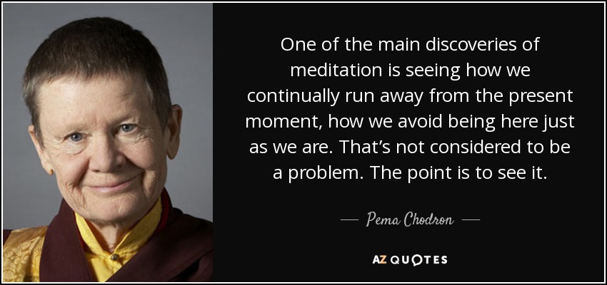 One of the main discoveries of meditation is seeing how we continually run away from the present moment, how we avoid being here just as we are. That’s not considered to be a problem. The point is to see it. - Pema Chodron
