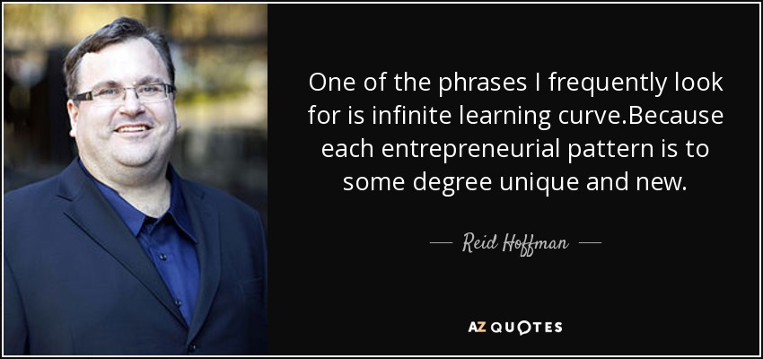 One of the phrases I frequently look for is infinite learning curve.Because each entrepreneurial pattern is to some degree unique and new. - Reid Hoffman