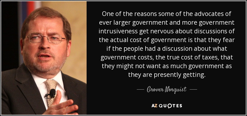 One of the reasons some of the advocates of ever larger government and more government intrusiveness get nervous about discussions of the actual cost of government is that they fear if the people had a discussion about what government costs, the true cost of taxes, that they might not want as much government as they are presently getting. - Grover Norquist