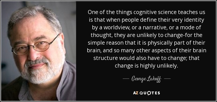 One of the things cognitive science teaches us is that when people define their very identity by a worldview, or a narrative, or a mode of thought, they are unlikely to change-for the simple reason that it is physically part of their brain, and so many other aspects of their brain structure would also have to change; that change is highly unlikely. - George Lakoff