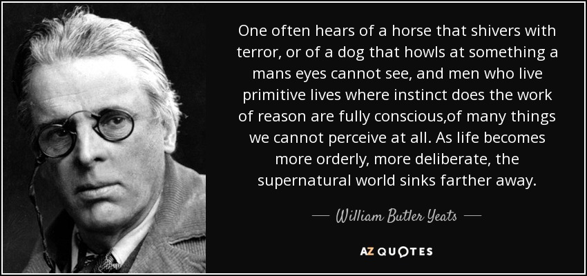 One often hears of a horse that shivers with terror, or of a dog that howls at something a mans eyes cannot see, and men who live primitive lives where instinct does the work of reason are fully conscious,of many things we cannot perceive at all. As life becomes more orderly, more deliberate, the supernatural world sinks farther away. - William Butler Yeats