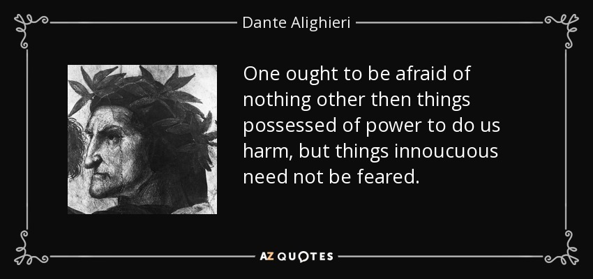 One ought to be afraid of nothing other then things possessed of power to do us harm, but things innoucuous need not be feared. - Dante Alighieri