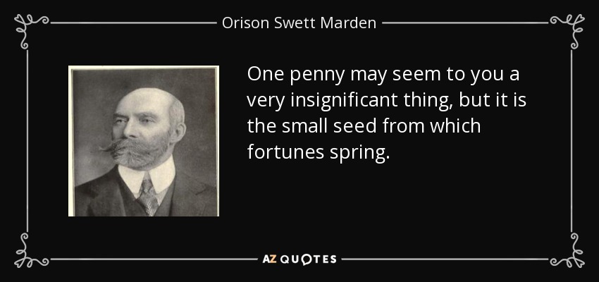 One penny may seem to you a very insignificant thing, but it is the small seed from which fortunes spring. - Orison Swett Marden