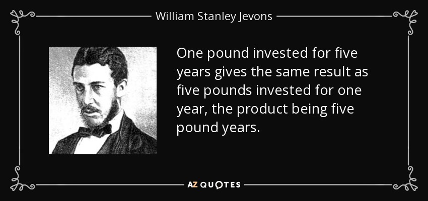 One pound invested for five years gives the same result as five pounds invested for one year, the product being five pound years. - William Stanley Jevons