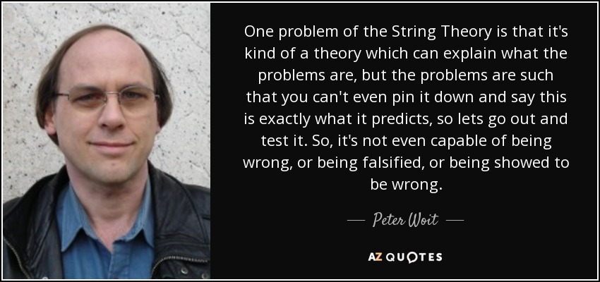 One problem of the String Theory is that it's kind of a theory which can explain what the problems are, but the problems are such that you can't even pin it down and say this is exactly what it predicts, so lets go out and test it. So, it's not even capable of being wrong, or being falsified, or being showed to be wrong. - Peter Woit