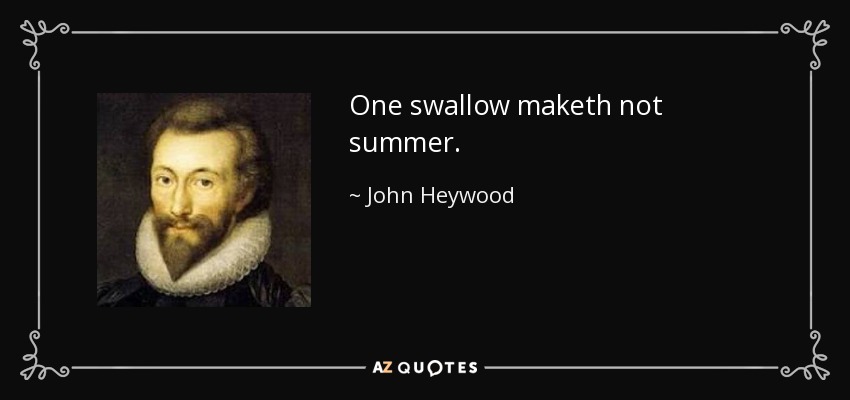 One swallow maketh not summer. - John Heywood