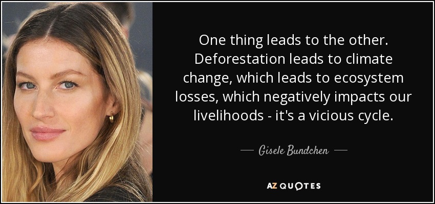 One thing leads to the other. Deforestation leads to climate change, which leads to ecosystem losses, which negatively impacts our livelihoods - it's a vicious cycle. - Gisele Bundchen