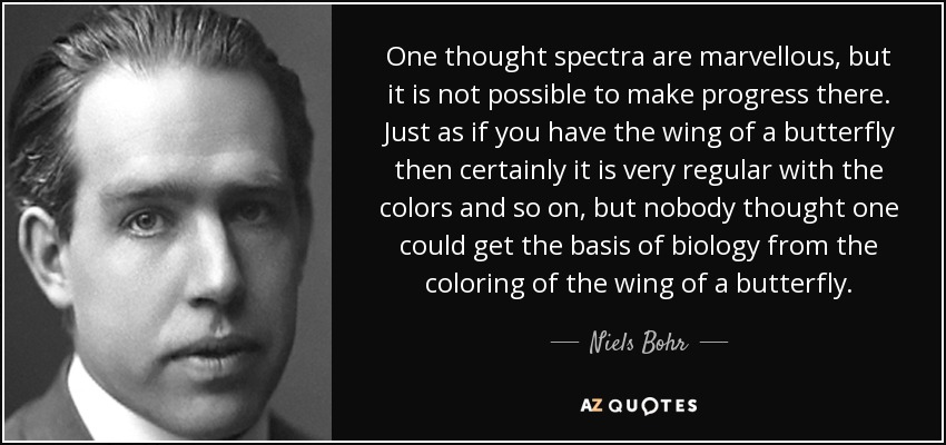 One thought spectra are marvellous, but it is not possible to make progress there. Just as if you have the wing of a butterfly then certainly it is very regular with the colors and so on, but nobody thought one could get the basis of biology from the coloring of the wing of a butterfly. - Niels Bohr