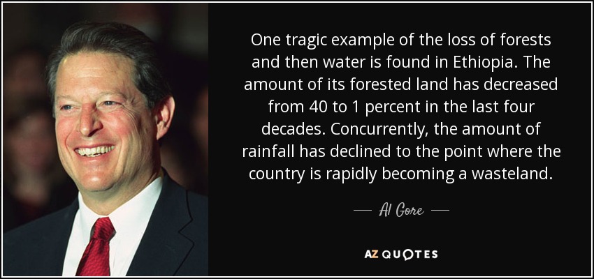 One tragic example of the loss of forests and then water is found in Ethiopia. The amount of its forested land has decreased from 40 to 1 percent in the last four decades. Concurrently, the amount of rainfall has declined to the point where the country is rapidly becoming a wasteland. - Al Gore