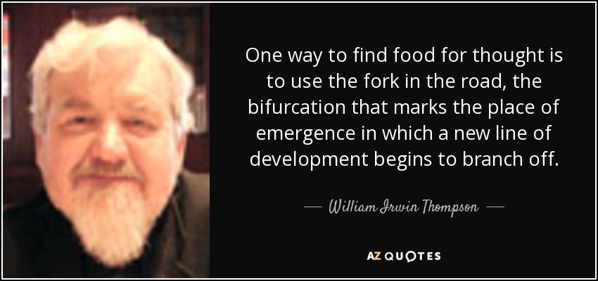 One way to find food for thought is to use the fork in the road, the bifurcation that marks the place of emergence in which a new line of development begins to branch off. - William Irwin Thompson