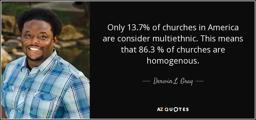 Only 13.7% of churches in America are consider multiethnic. This means that 86.3 % of churches are homogenous. - Derwin L. Gray