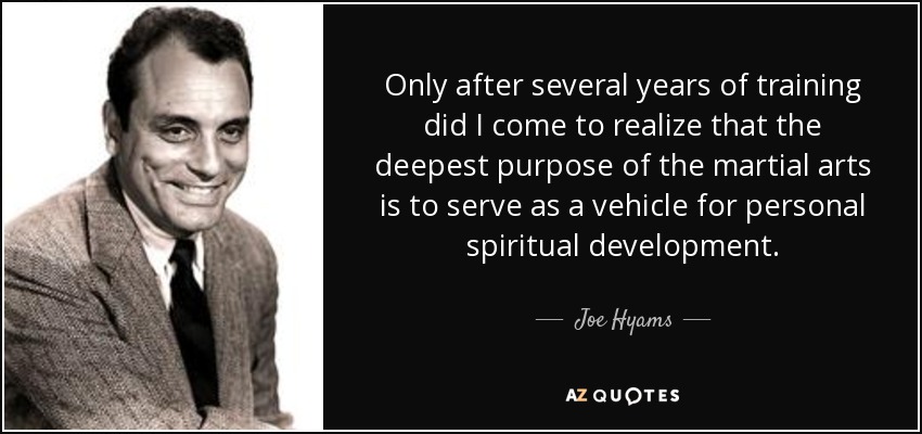 Only after several years of training did I come to realize that the deepest purpose of the martial arts is to serve as a vehicle for personal spiritual development. - Joe Hyams
