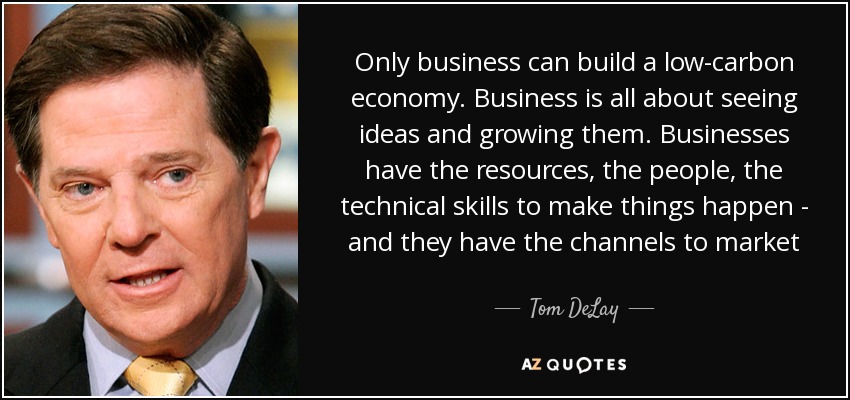 Only business can build a low-carbon economy. Business is all about seeing ideas and growing them. Businesses have the resources, the people, the technical skills to make things happen - and they have the channels to market - Tom DeLay