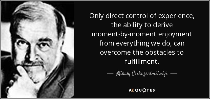 Only direct control of experience, the ability to derive moment-by-moment enjoyment from everything we do, can overcome the obstacles to fulfillment. - Mihaly Csikszentmihalyi