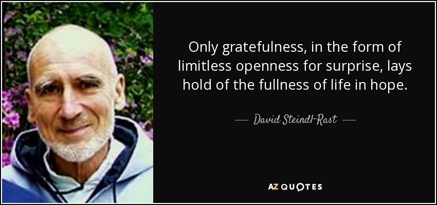 Only gratefulness, in the form of limitless openness for surprise, lays hold of the fullness of life in hope. - David Steindl-Rast