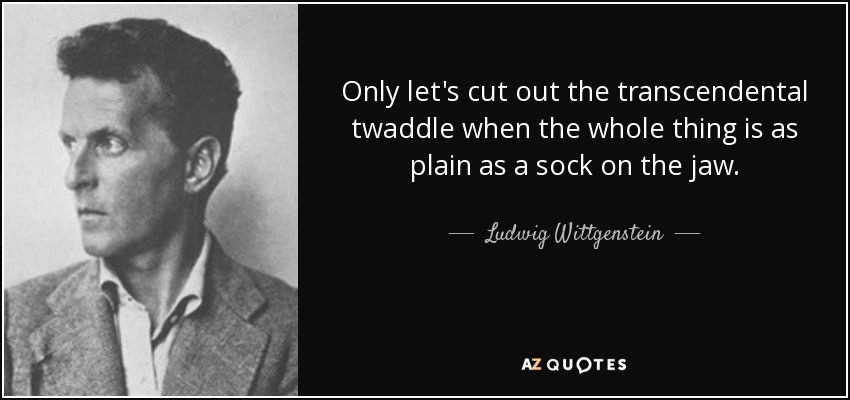 Only let's cut out the transcendental twaddle when the whole thing is as plain as a sock on the jaw. - Ludwig Wittgenstein