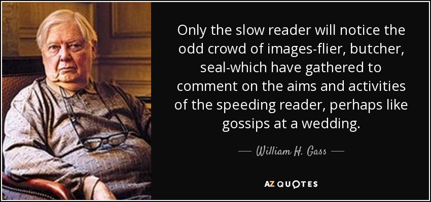 Only the slow reader will notice the odd crowd of images-flier, butcher, seal-which have gathered to comment on the aims and activities of the speeding reader, perhaps like gossips at a wedding. - William H. Gass