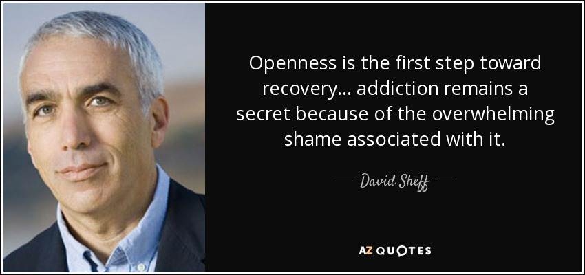 Openness is the first step toward recovery... addiction remains a secret because of the overwhelming shame associated with it. - David Sheff